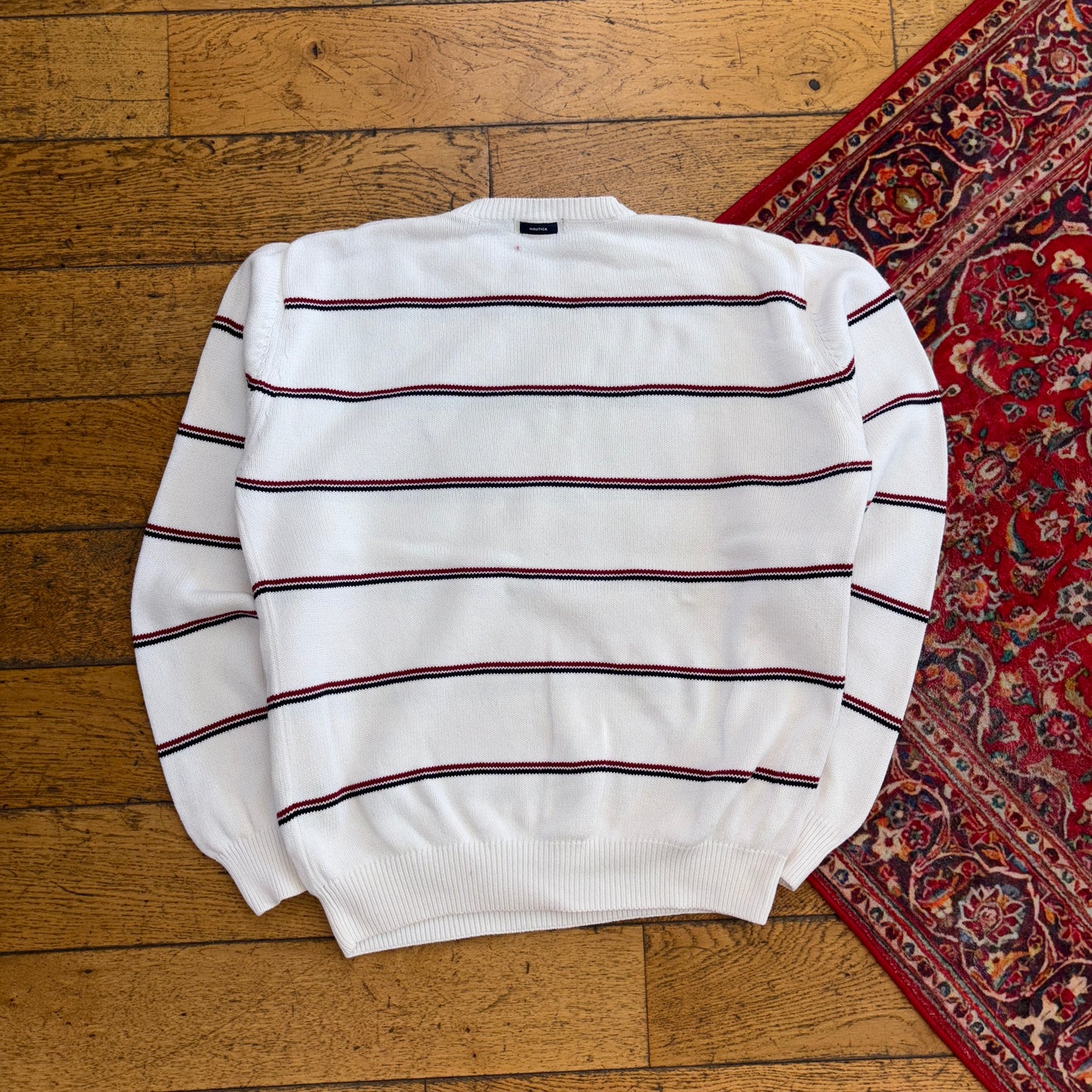 Vintage Nautica White Stripe Embroidered Knit Jumper - L