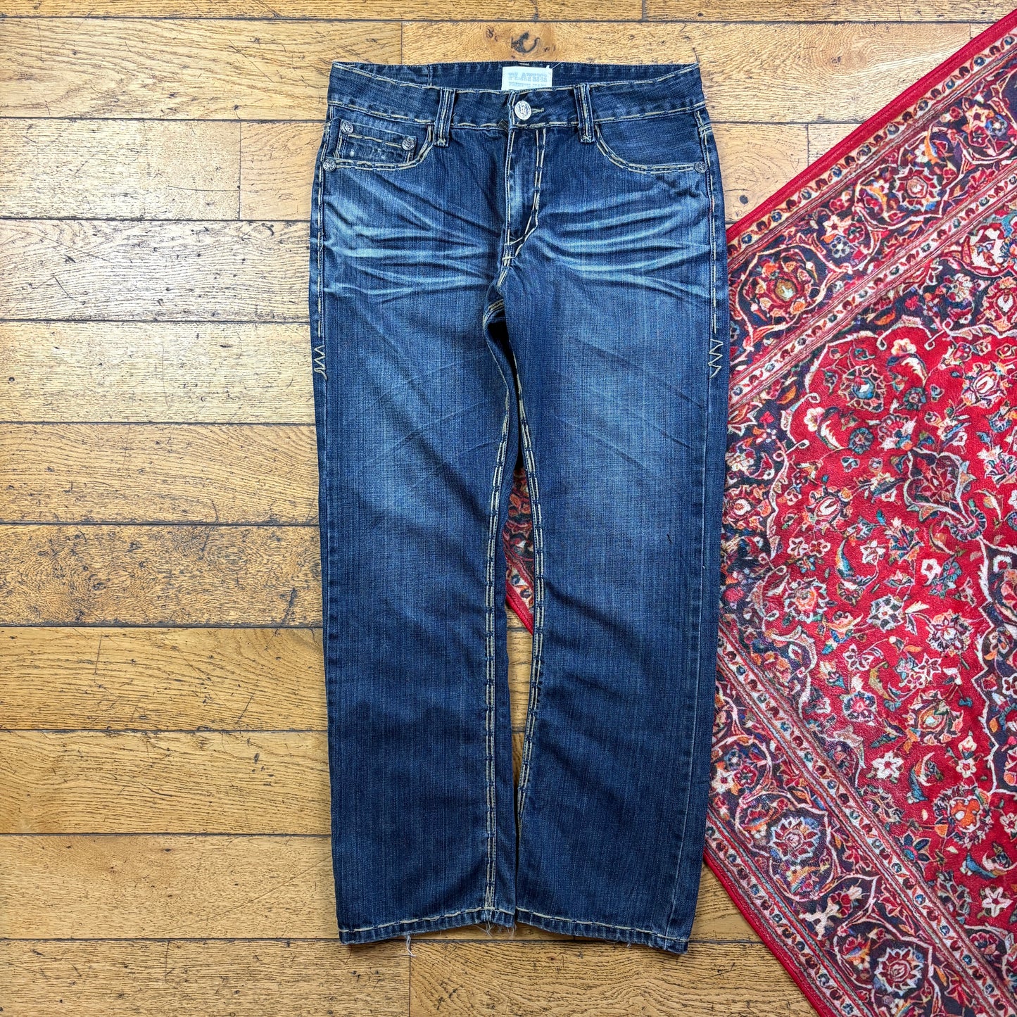Vintage Blue Embroidered Y2K Hip Hop Baggy Jeans - 38