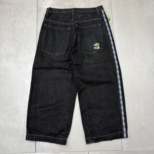 Vintage Rare 90s JNCO Sidewinder Black Embroidered Baggy Jeans - 36