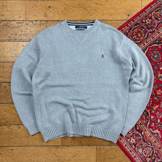 Vintage Tommy Hilfiger Grey Embroidered Crest Chunky Knit Jumper - L