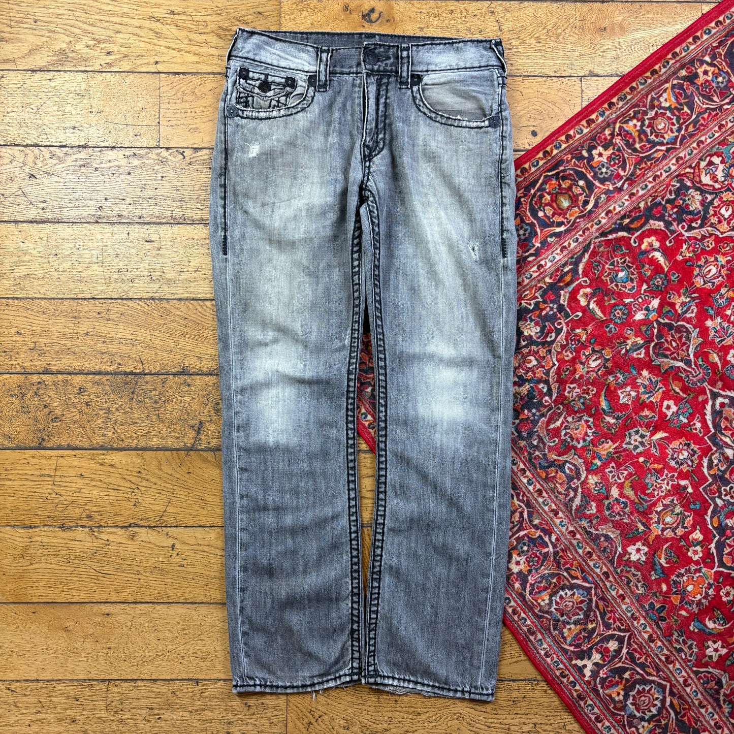 Vintage True Religion Grey Embroidered Y2K Hip Hop Baggy Jeans - 36
