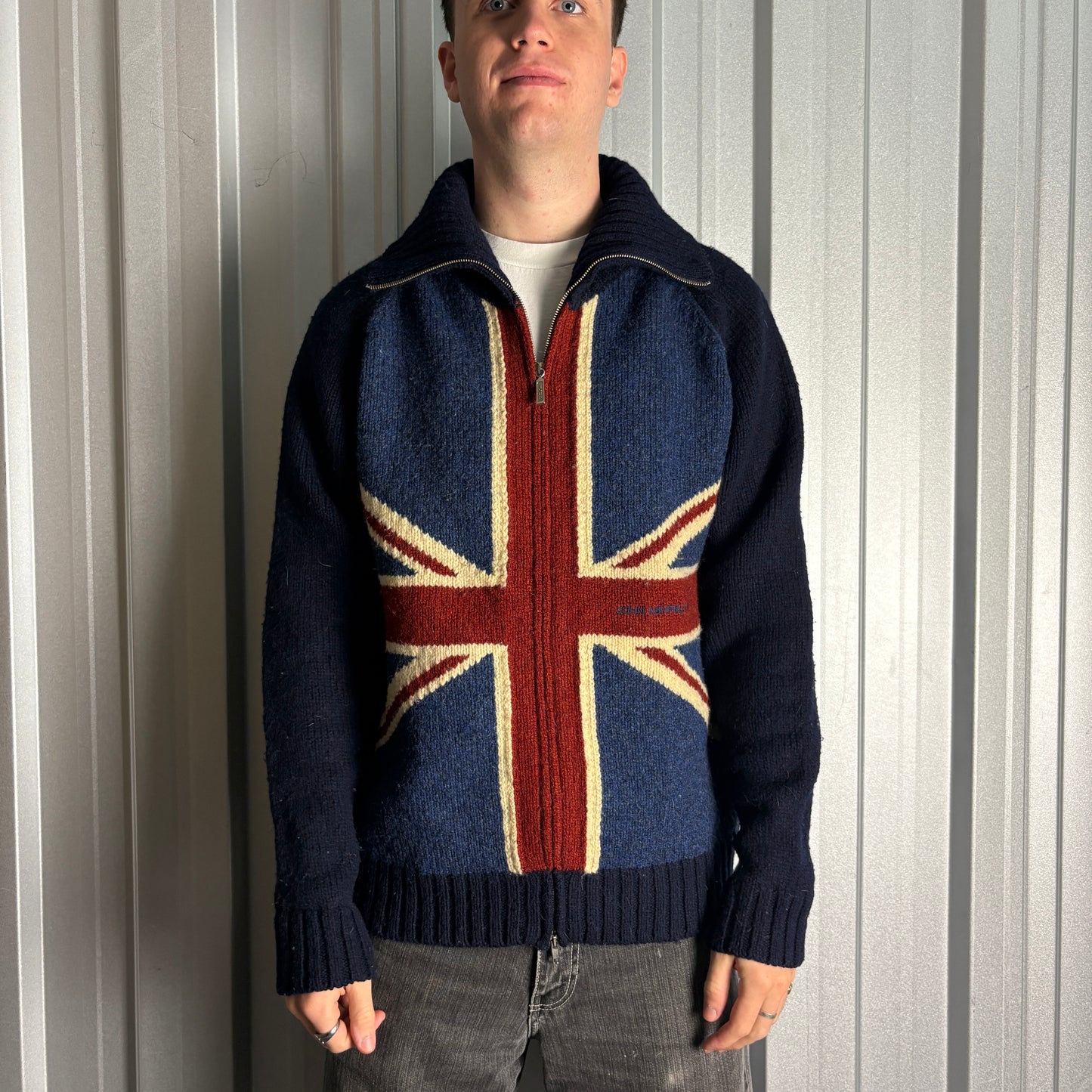 Vintage John Ashfield Union Jack Wool Navy 00s Y2K Zip Chunky Knit Jumper - L