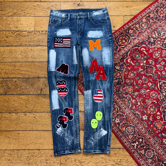 Vintage Blue Embroidered Y2K Hip Hop Straight Jeans - 34R