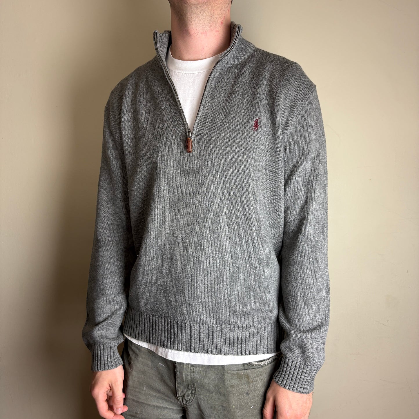 Vintage Ralph Lauren Grey Quarter Zip Chunky Knit Jumper - L