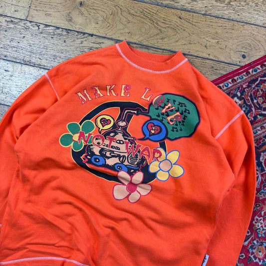 Vintage 90s Orange Hippy Make Love Not War Sweatshirt - L