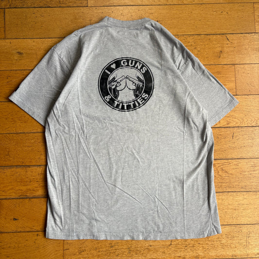 Vintage Dickies Funny Slogan Guns and Titties Grey Graphic T-Shirt - 2XL
