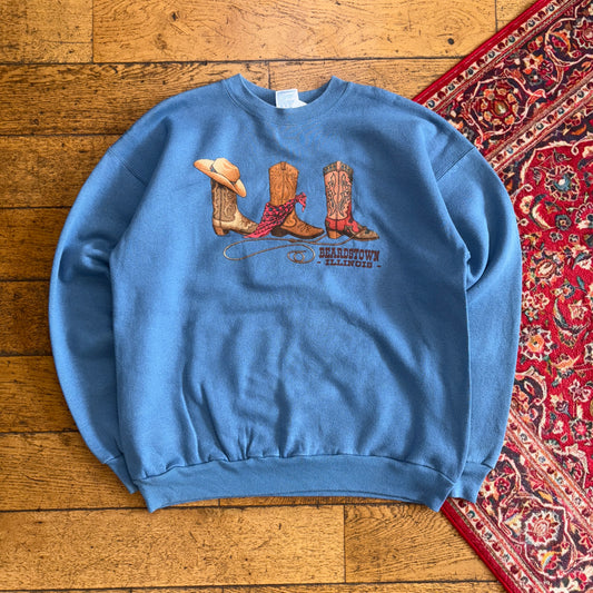 Vintage 90s Cowboy Boots Blue Western Hanes Graphic Sweatshirt - L
