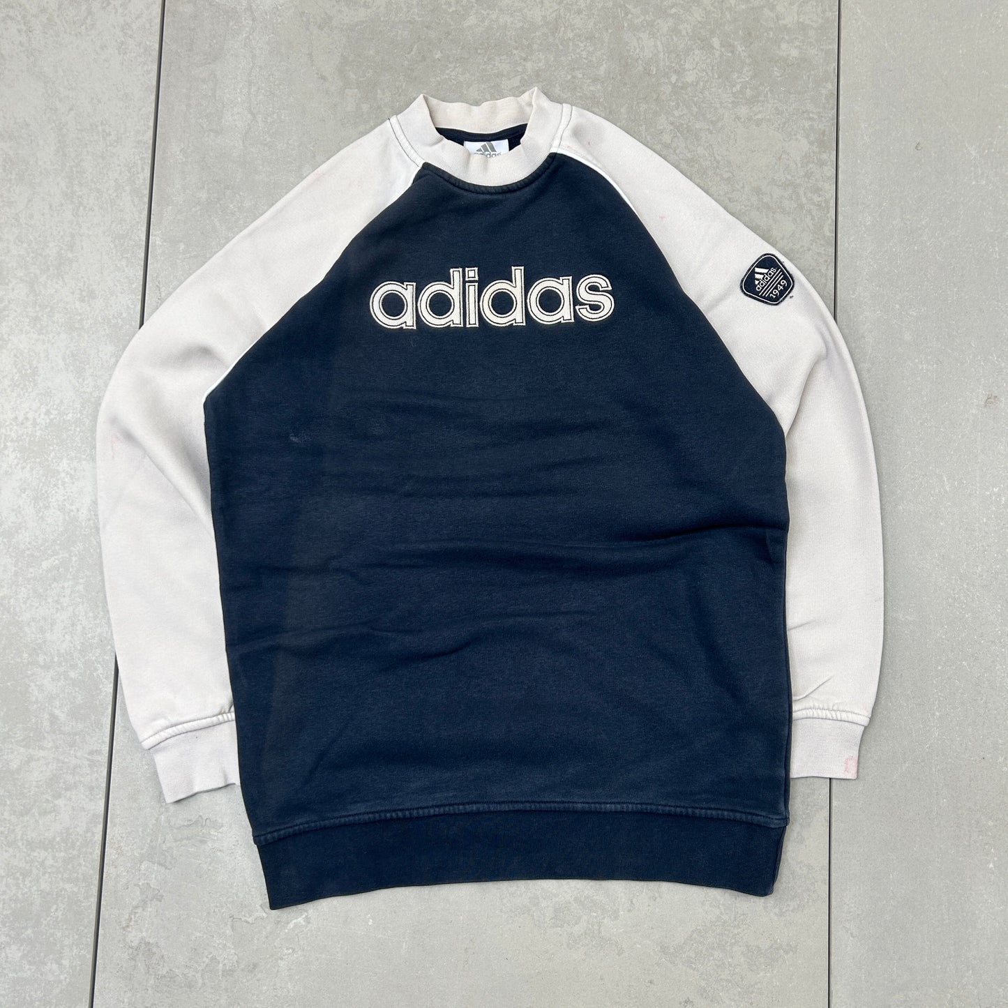 Vintage Adidas Navy White Spellout Sweatshirt - S