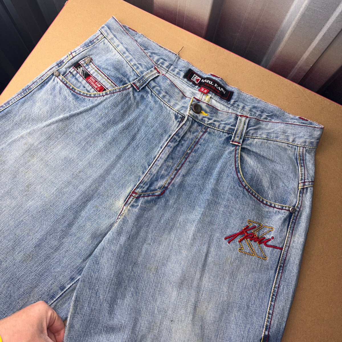 Karl Kani Blue Embroidered Japanese Denim Hip Hop Y2K Baggy Jeans - 34S