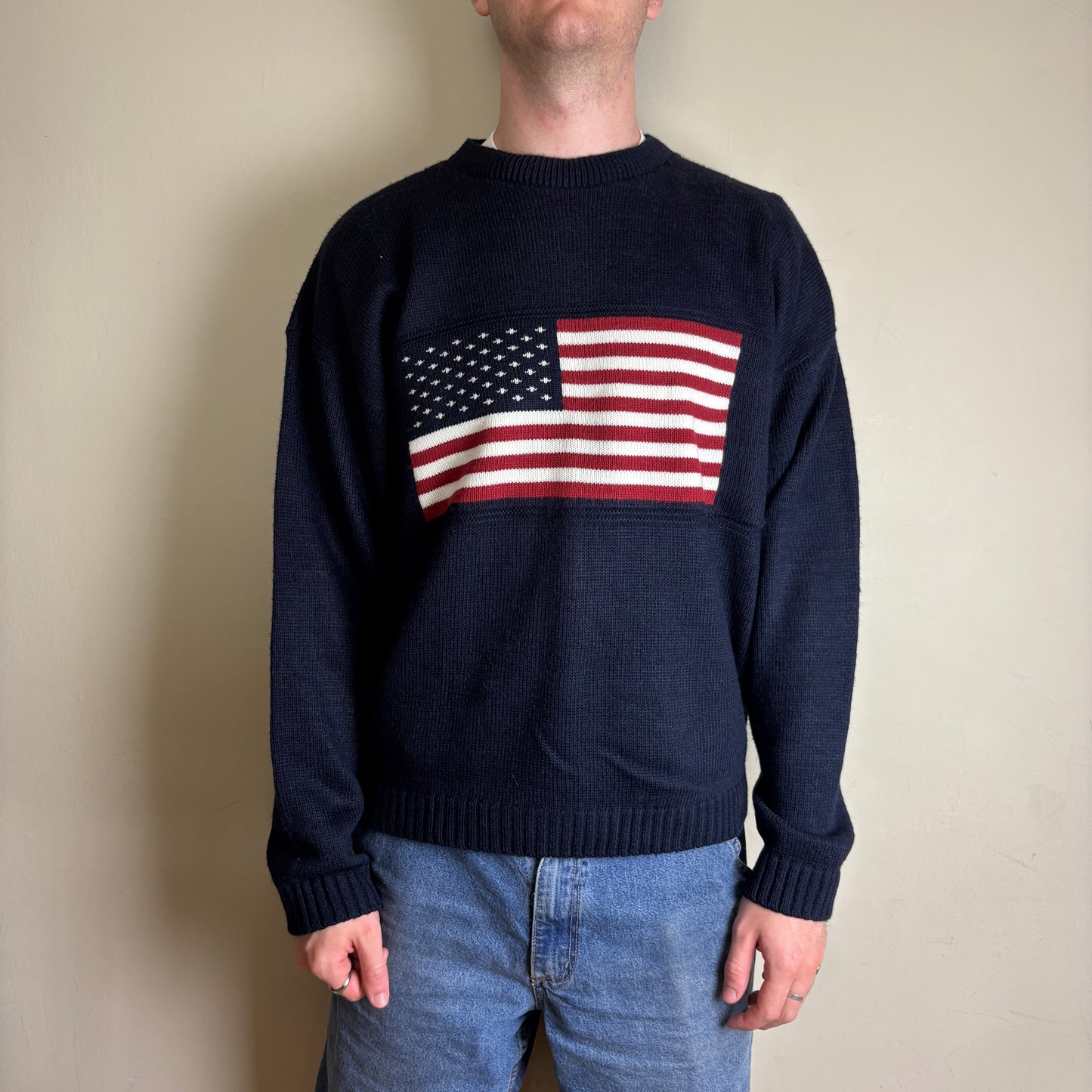 Vintage Faded Glory USA Flag Navy Chunky Knit Jumper - L