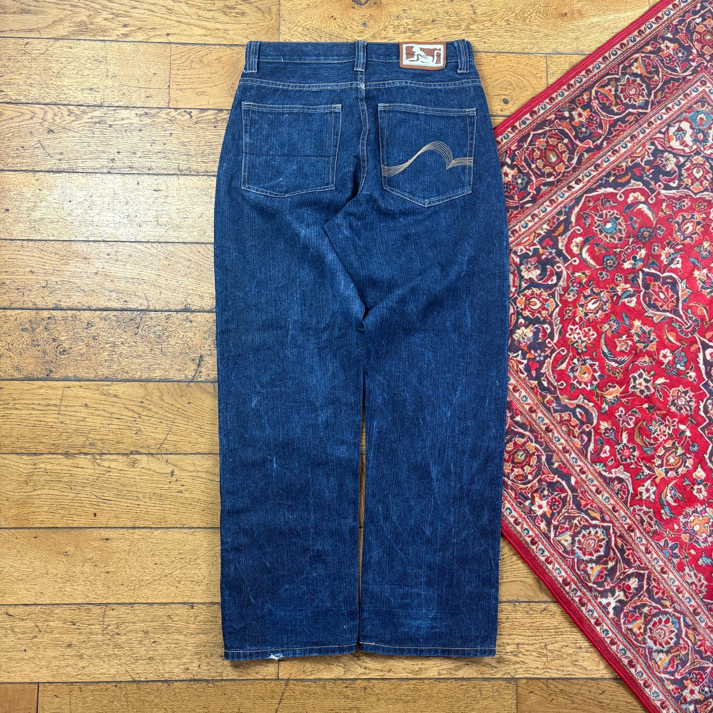 Vintage Drunknmunky Blue Embroidered Y2K Hip Hop Baggy Jeans - 34