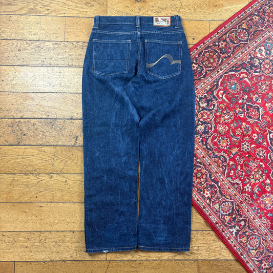 Vintage Drunknmunky Blue Embroidered Y2K Hip Hop Baggy Jeans - 34