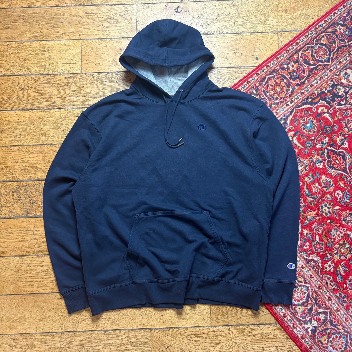 Vintage Champion Navy Hoodie Embroidered Sweatshirt - 2XL