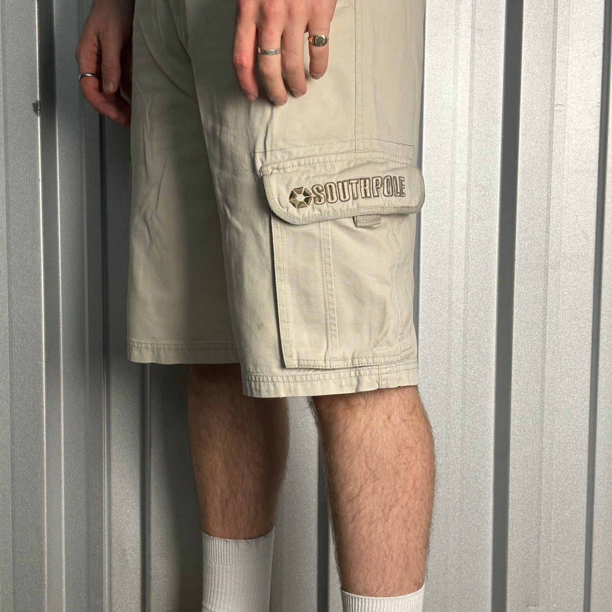 Southpole White Cargo Embroidered Y2K Hip Hop Baggy Shorts - 32