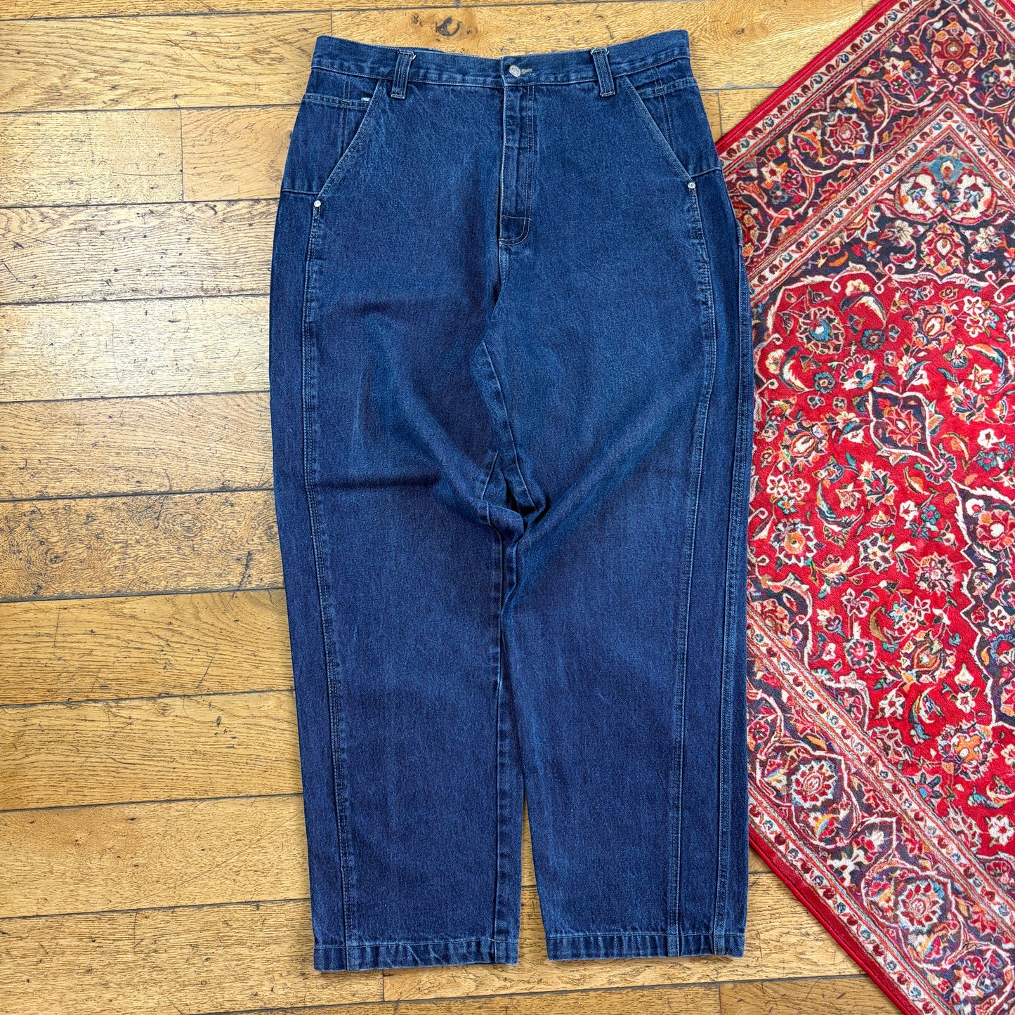 Vintage Evolution Blue Carpenter Embroidered Y2K Hip Hop Baggy Jeans - 38