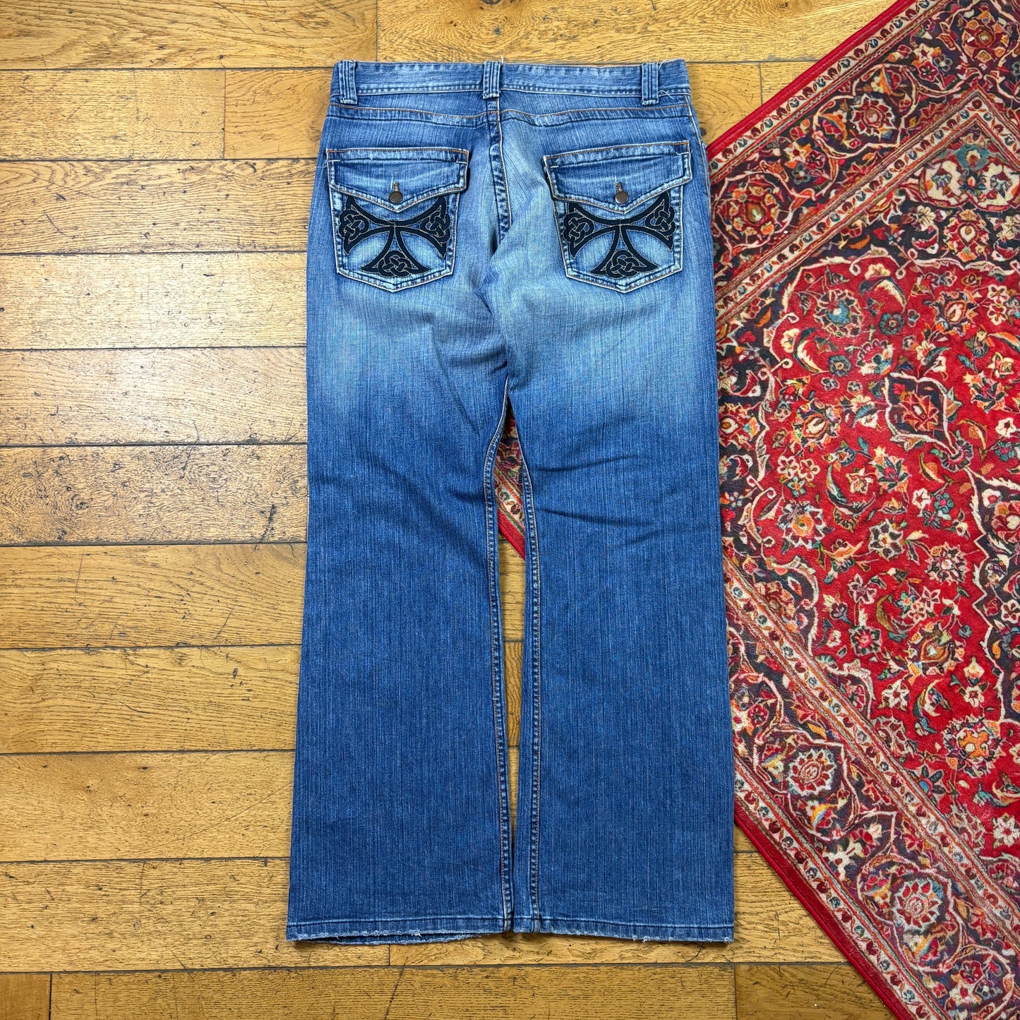 Vintage Blue Embroidered Y2K Hip Hop Bootcut Jeans - 36