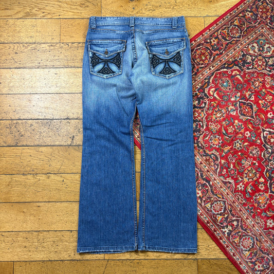 Vintage Blue Embroidered Y2K Hip Hop Bootcut Jeans - 36