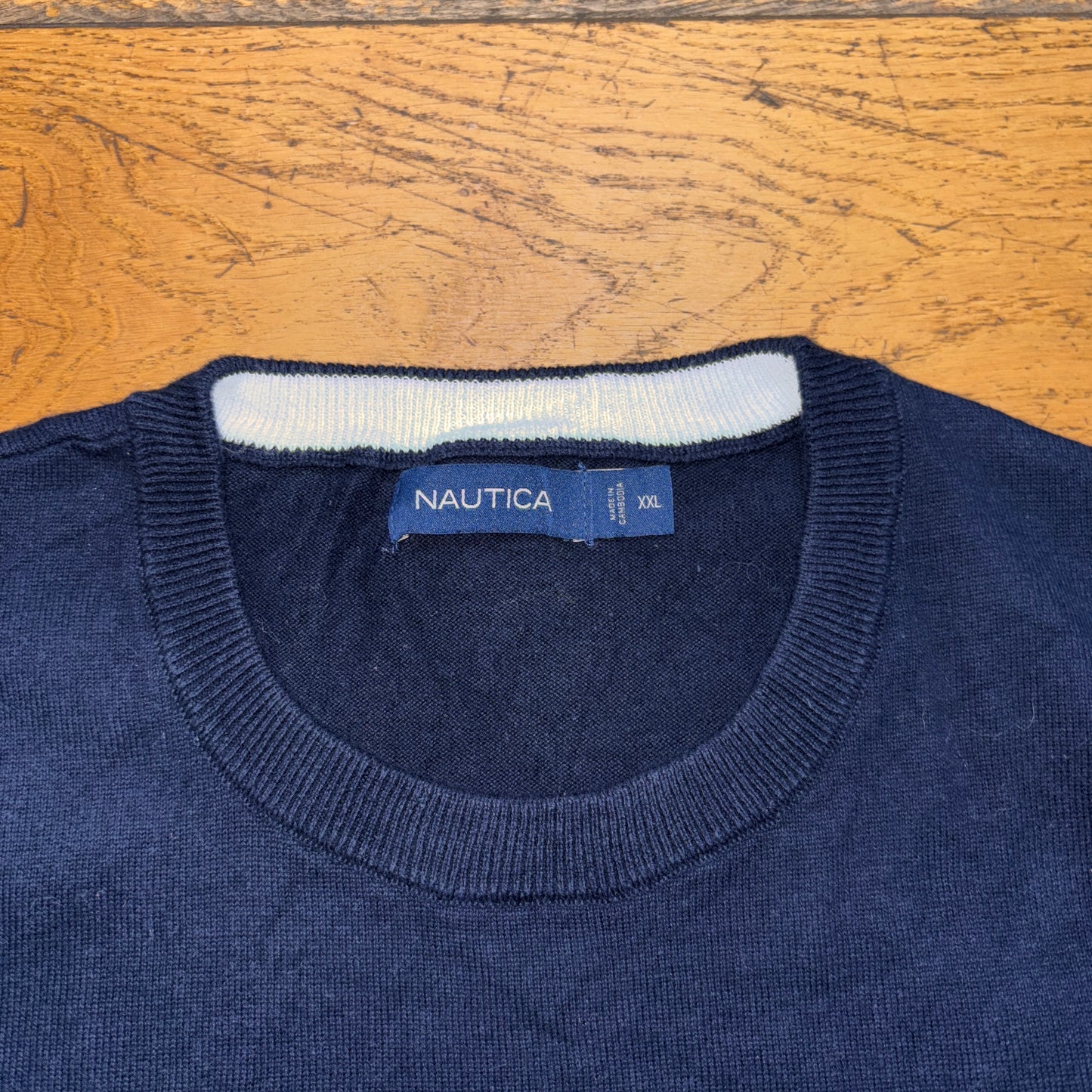 Vintage Nautica Navy Grey Stripe Embroidered Knit Jumper - 2XL