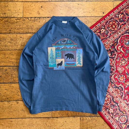 Vintage 90s Wildlife Nature Blue Long Sleeve Single Stitch Graphic T-Shirt - XS