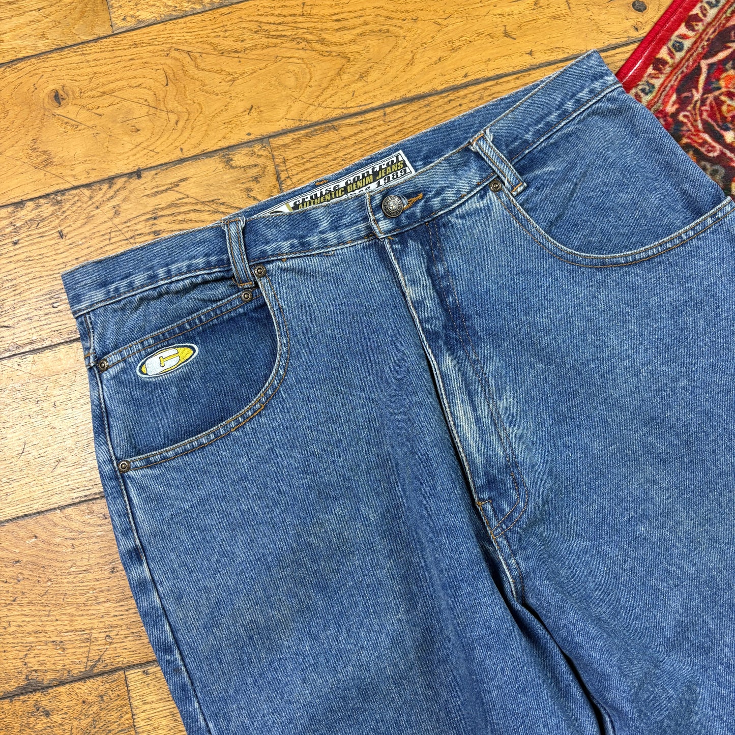 Vintage Blue Embroidered Y2K Hip Hop Baggy Jeans - 36