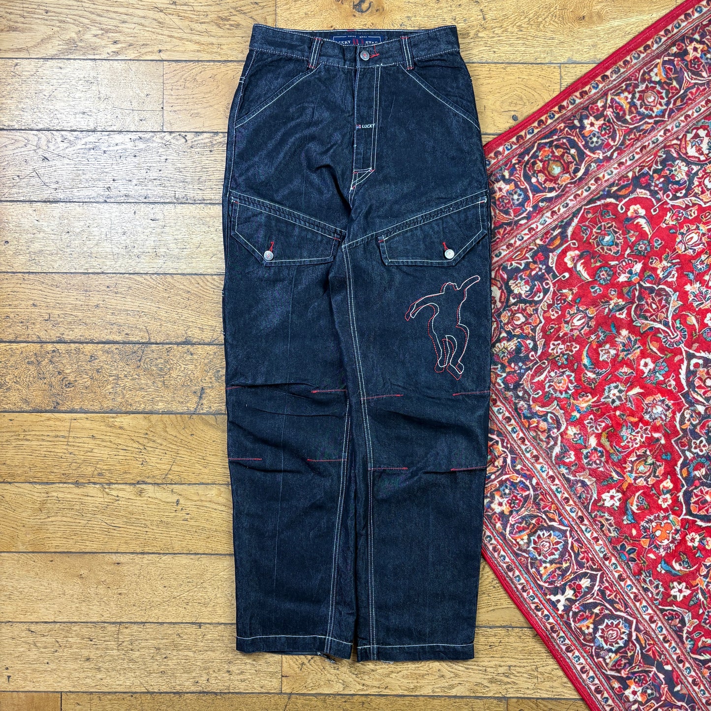 Vintage Black Contrast Stitch Embroidered Y2K Hip Hop Jeans - 28