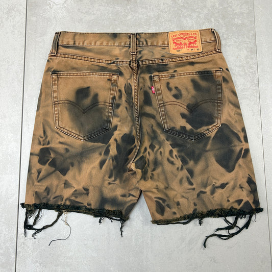 Vintage Levis 516 Baggy Brown Bleached Black Denim Shorts - 34