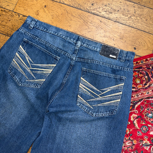 Vintage True Rock Blue Embroidered Y2K Hip Hop Baggy Jeans Shorts Jorts - 42