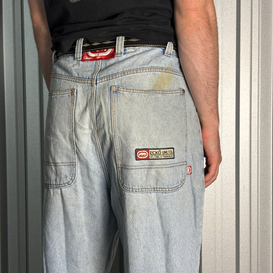 Ecko Unltd Blue Embroidered Japanese Denim Hip Hop Y2K Baggy Jeans - 40S