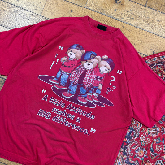 Vintage 90s Attitude Teddy Red Funny Single Stitch Graphic T-Shirt - 2XL