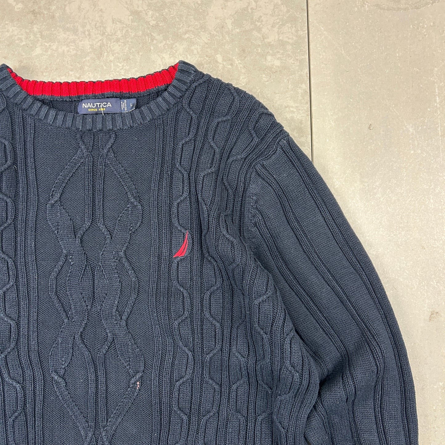 Vintage Nautica Navy Chunky Cable Knit Jumper - L