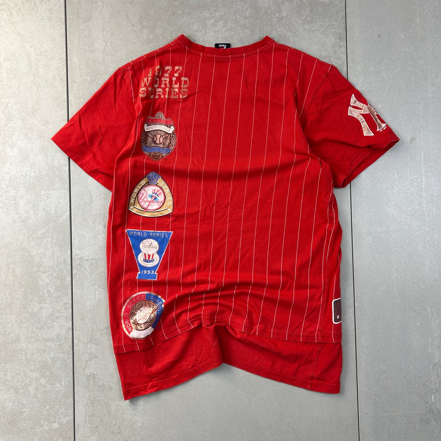Vintage 90s NY Yankees MLB World Series Red Pinstripe T-Shirt - S