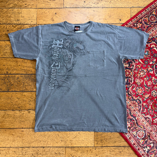 Vintage Harley Davidson Grey Affliction Motorbike Graphic T-Shirt - XL