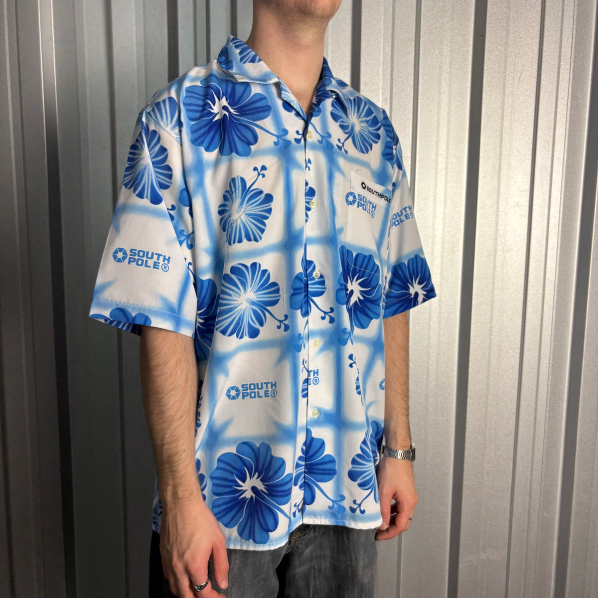 Southpole Hip Hop Hawaiian Blue Y2k 00s Embroidered Short Sleeve Shirt - L
