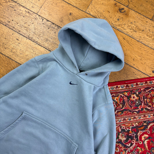 Vintage Nike Blue Centre Swoosh Boxy Blue Hoodie Embroidered Sweatshirt - M