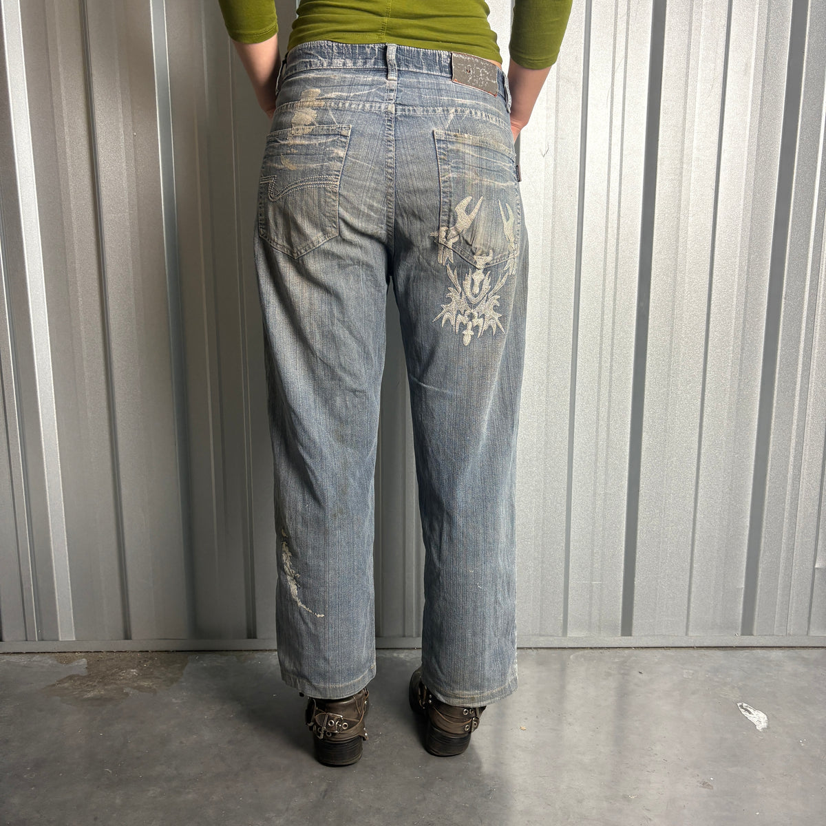 Embroidered Blue Japanese Denim Hip Hop Y2K Baggy Jeans - 32S