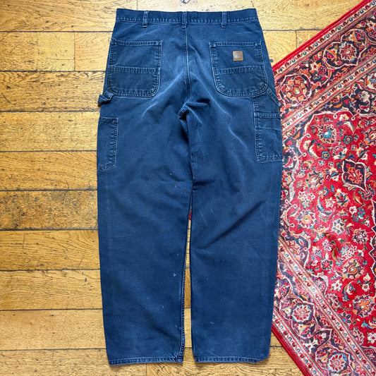 Vintage Carhartt Workwear Faded Black Navy Carpenter Baggy Trousers - 36L