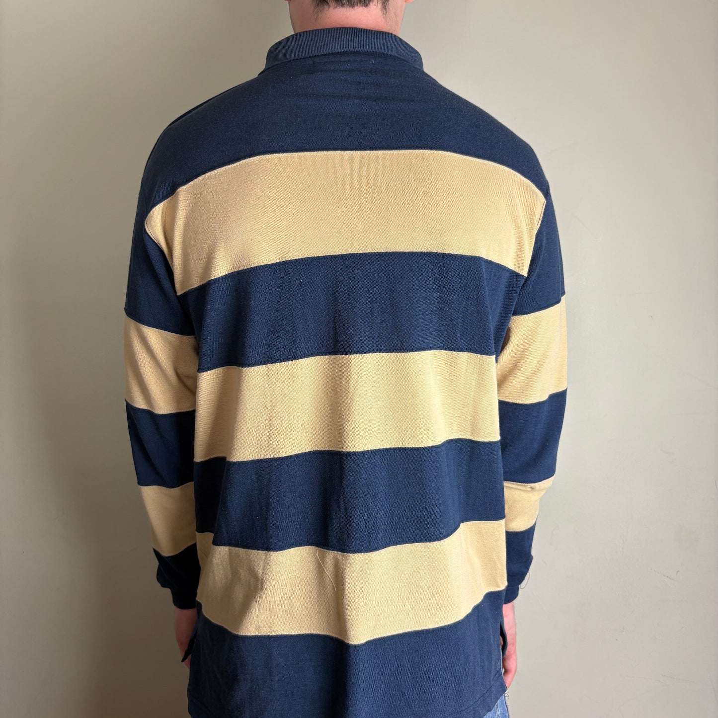 Vintage Ralph Lauren Cream Navy Stripe Rugby Polo Shirt - M
