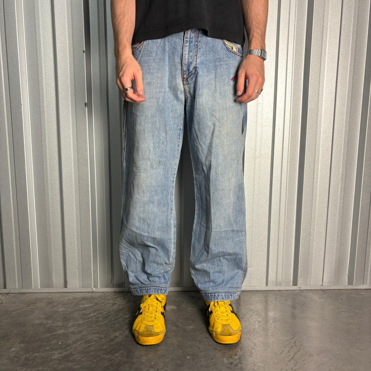 Karl Kani Blue Embroidered Japanese Denim Hip Hop Y2K Baggy Jeans - 34S