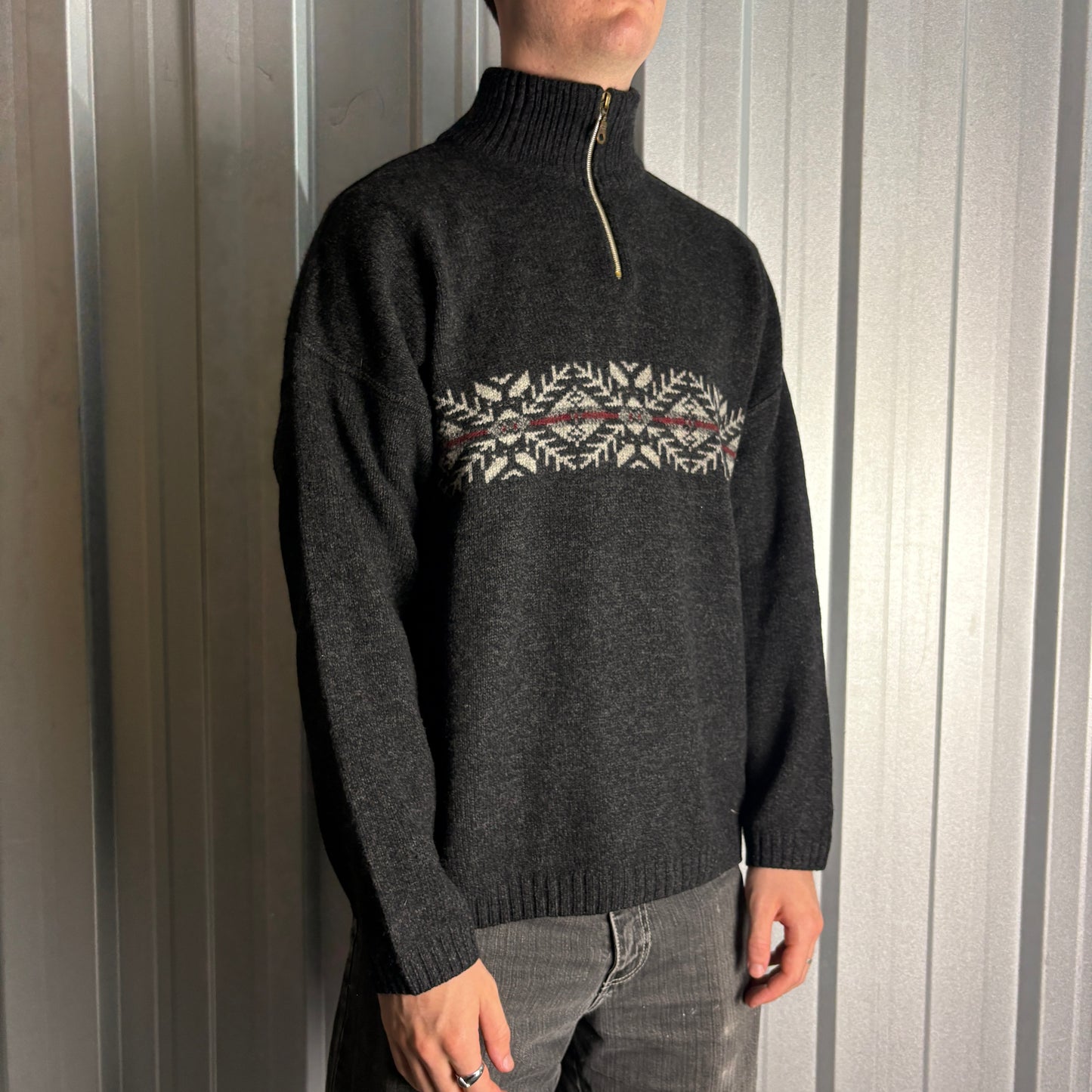 Vintage Gant Black Grey Pattern Quarter Zip Chunky Knit Jumper - M