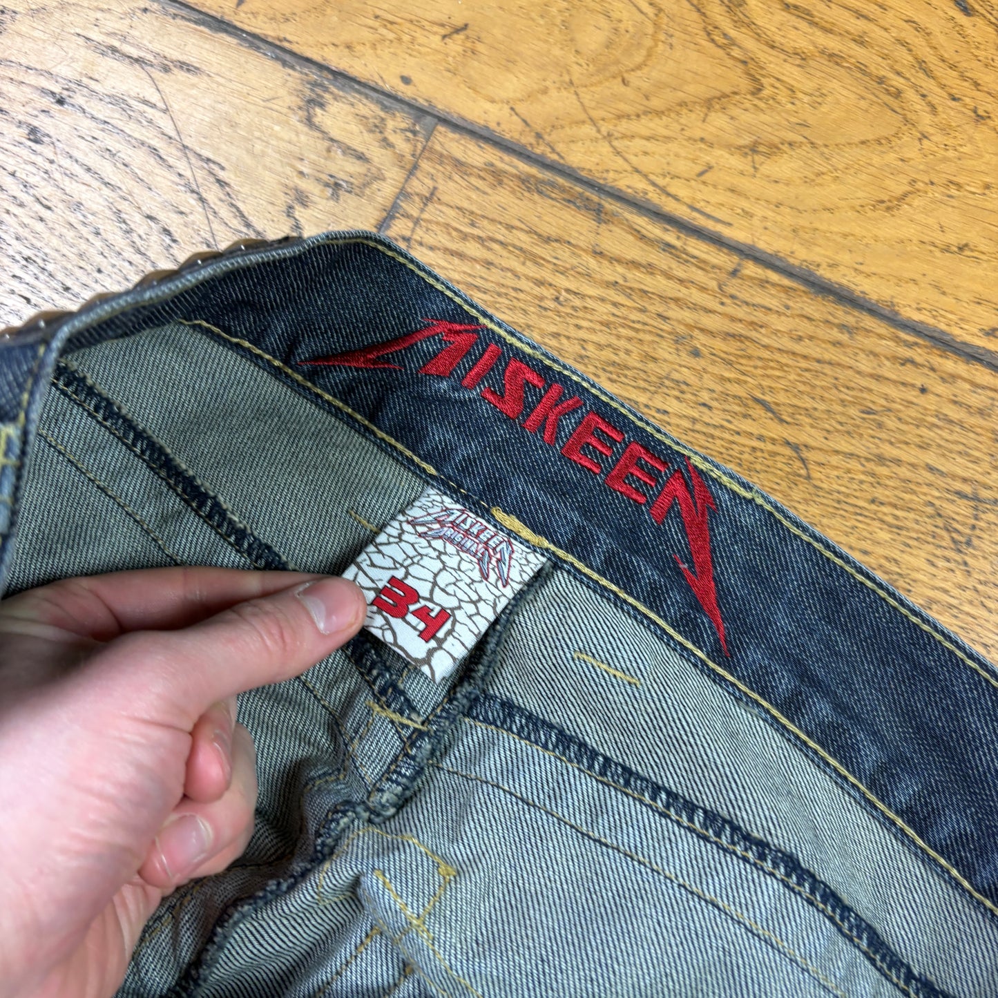 Vintage Miskeen Blue Embroidered Y2K Hip Hop Baggy Jeans - 36