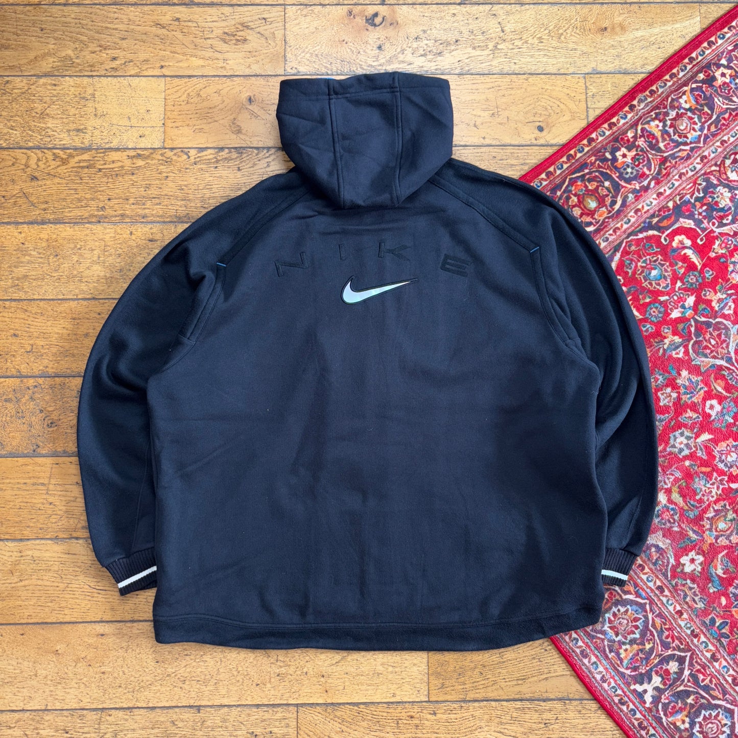 Vintage 90s Nike Black Hoodie Embroidered Zip Sweatshirt - 3XL