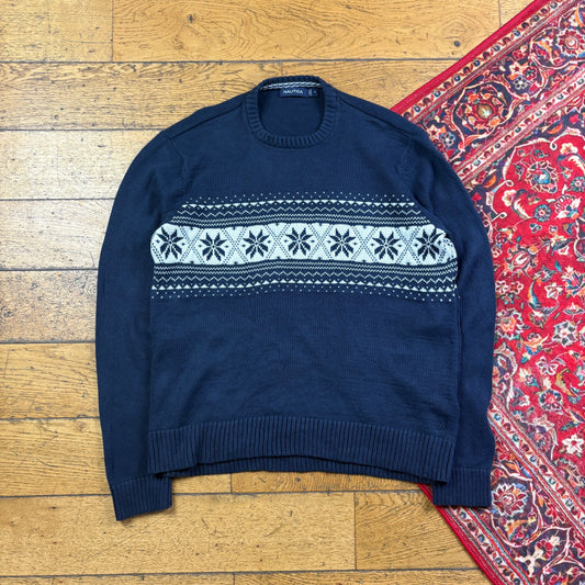 Vintage Nautica Navy Christmas Festive Pattern Knit Jumper - S