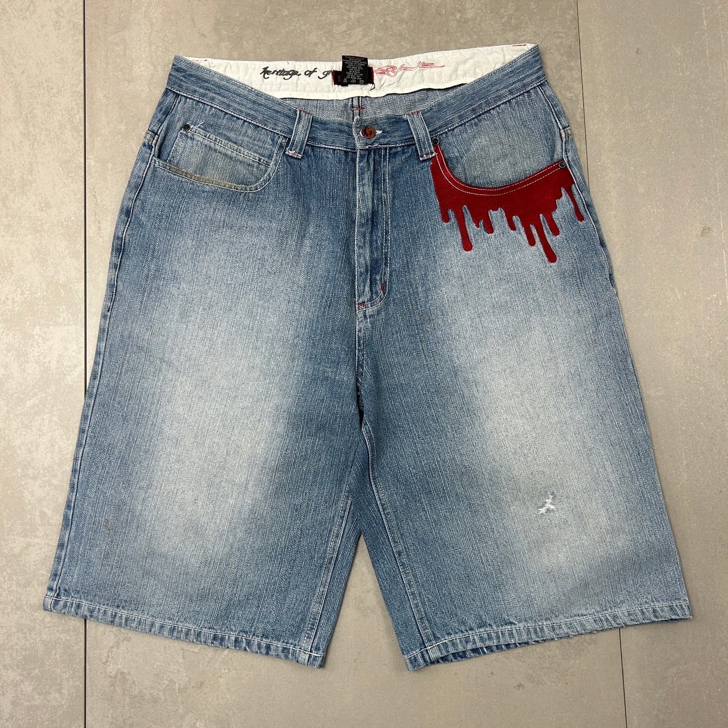 Vintage Bloodline Embroidered Hip Hop Baggy Blue Shorts Jorts - 36