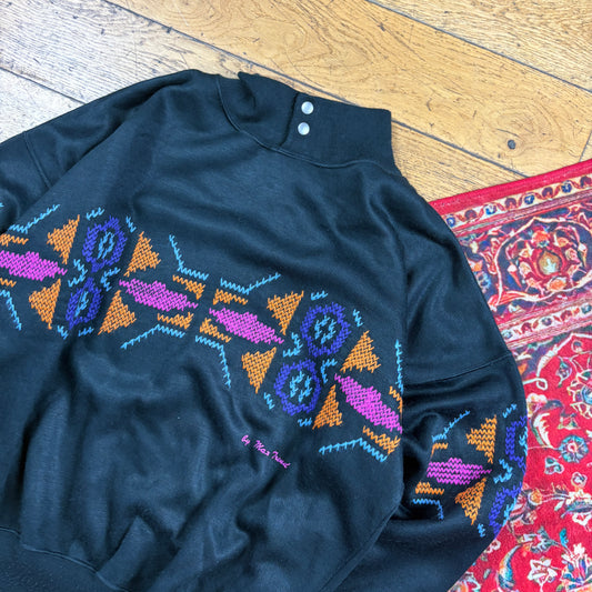 Vintage 90s Black Aztec Pattern Embroidered Sweatshirt - M