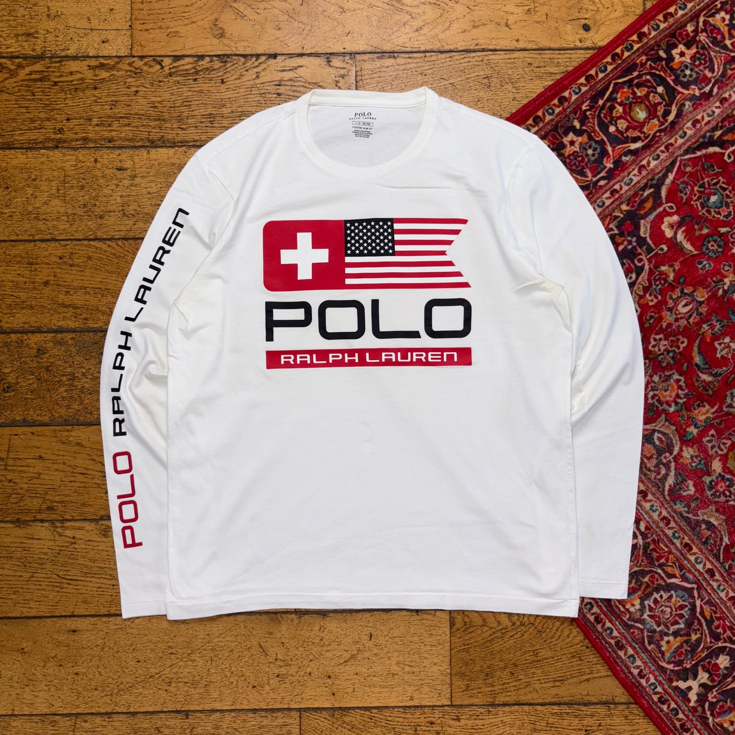 Vintage Ralph Lauren USA Flag White Long Sleeve Graphic T-Shirt - S