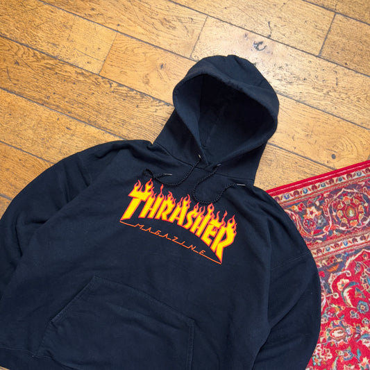 Vintage Thrasher Flames Black Skate Hoodie Sweatshirt - XL
