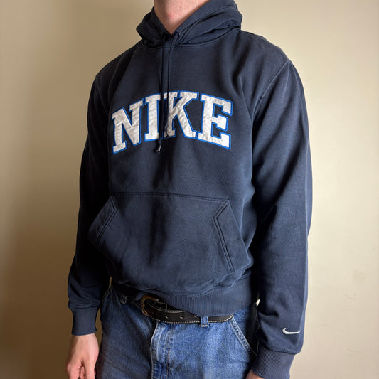 Vintage Nike Navy Spellout Swoosh Embroidered Hoodie Sweatshirt - M