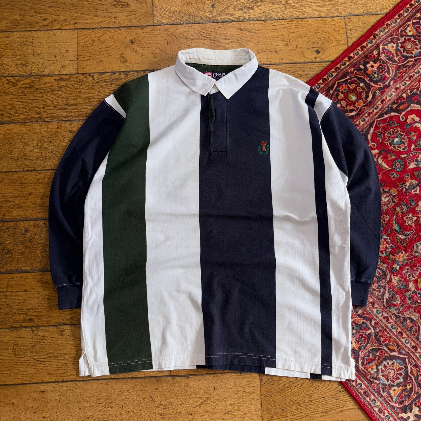 Vintage Chaps Ralph Lauren White Navy Stripe Rugby Polo Shirt - XL
