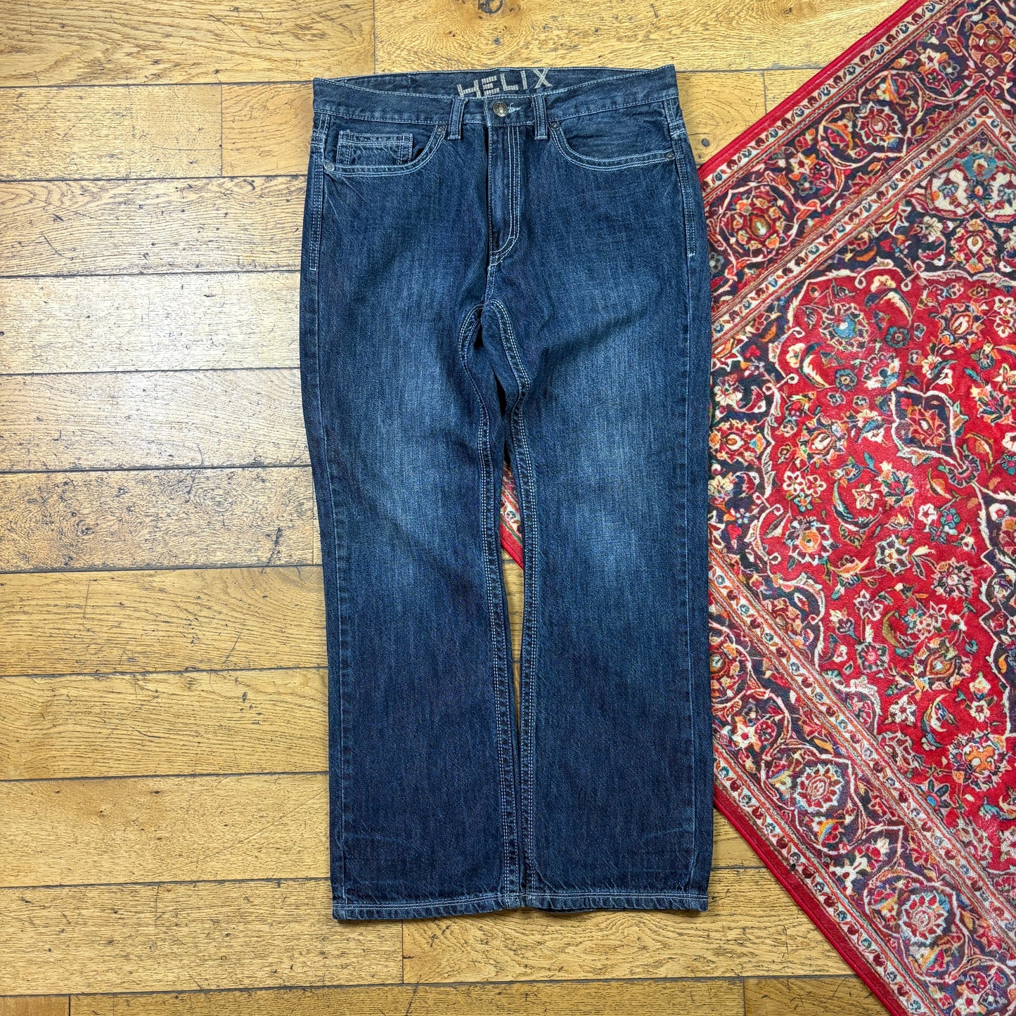 Vintage Helix Blue Embroidered Y2K Hip Hop Straight Jeans - 36