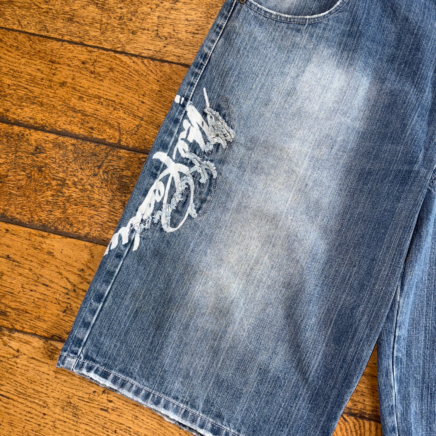 Vintage Blue Embroidered Y2K Hip Hop Baggy Jeans Shorts Jorts - 38